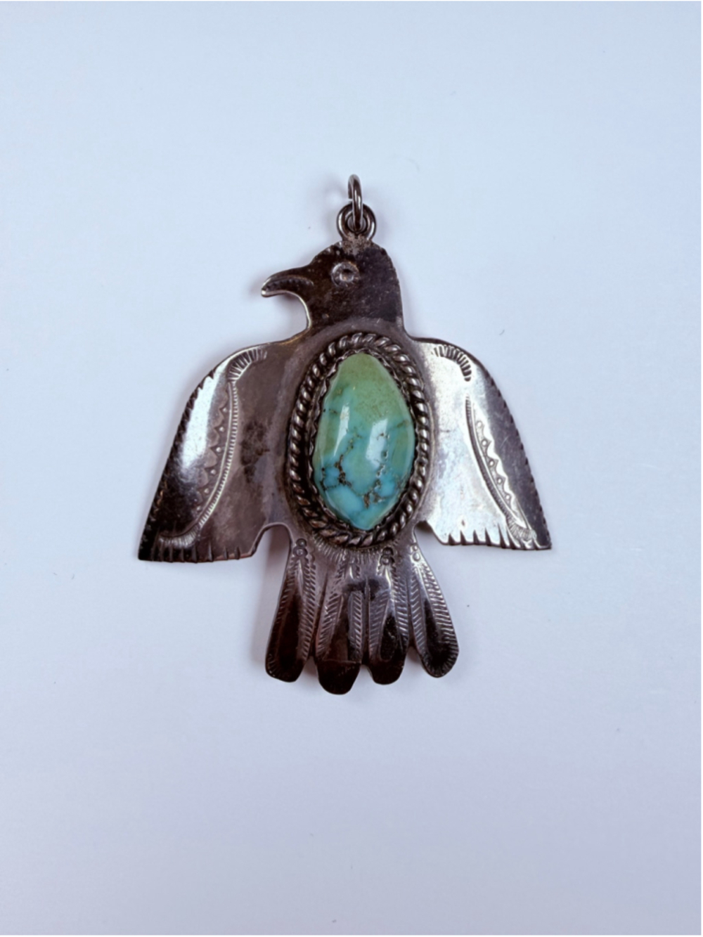 Fred Harvey Era Thunderbird Turquoise 925 Sterling Silver Necklace VTG Pendant